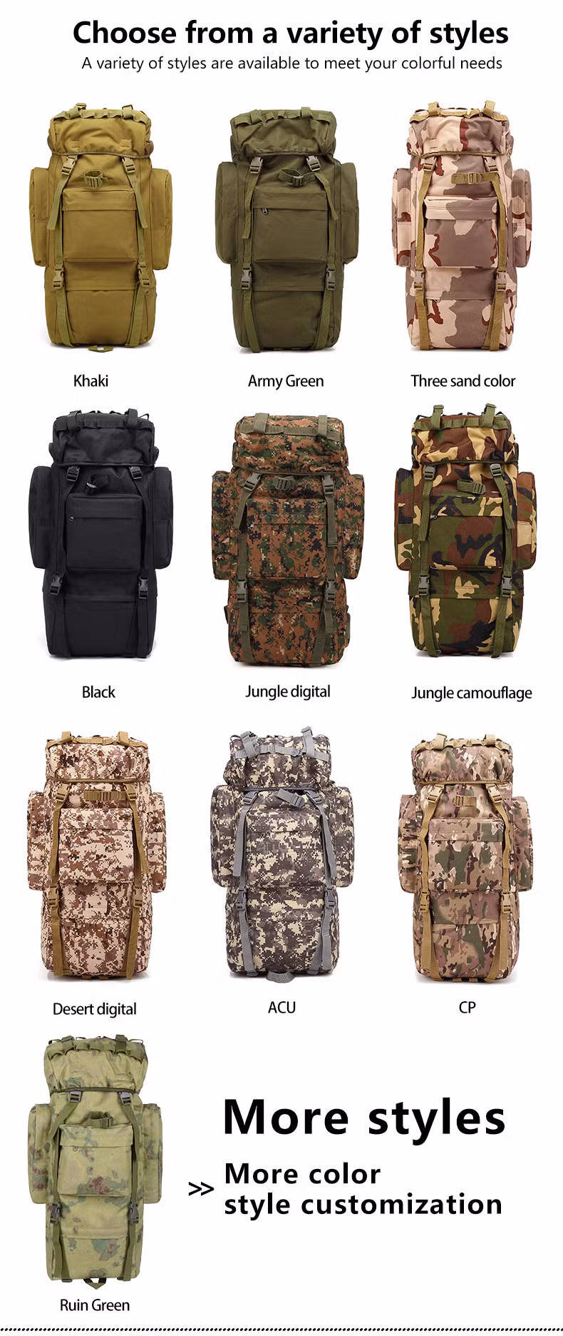 Hot Sell 65L Mountain Backpack Outdoor Adventure Travelling Waterproof Tactical Hiking Backpack