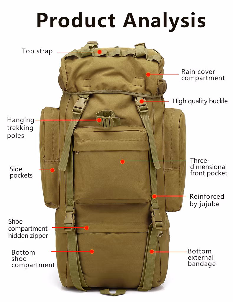 Hot Sell 65L Mountain Backpack Outdoor Adventure Travelling Waterproof Tactical Hiking Backpack