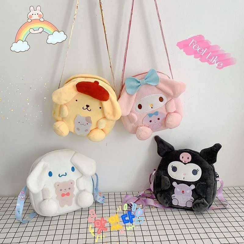 Kawaii Sanrio Kuromi Mymelody Cinnamoroll Pompompurin Plush Crossbody Bag Shoulder Bag Cartoon Cute Kids Birthday Gift for Girls