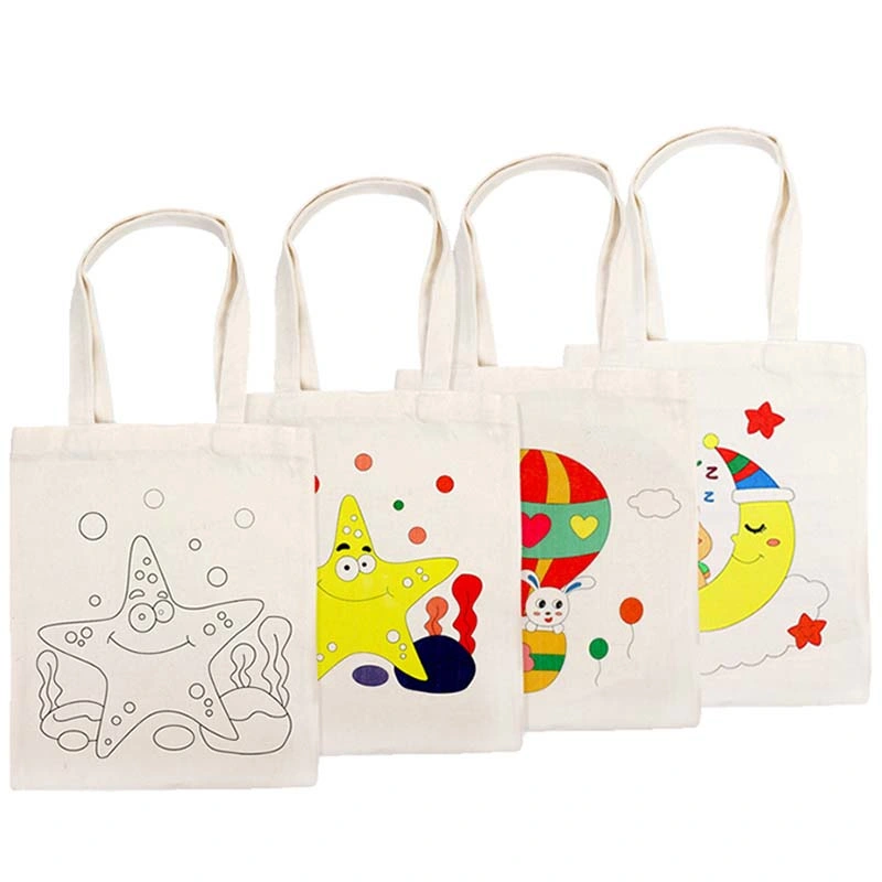 Christmas Handmade Custom Cartoon Eco Canvas Bag Children&prime; S Hand Painted Graffiti Handbag DIY Gift Cotton Shopping Bag