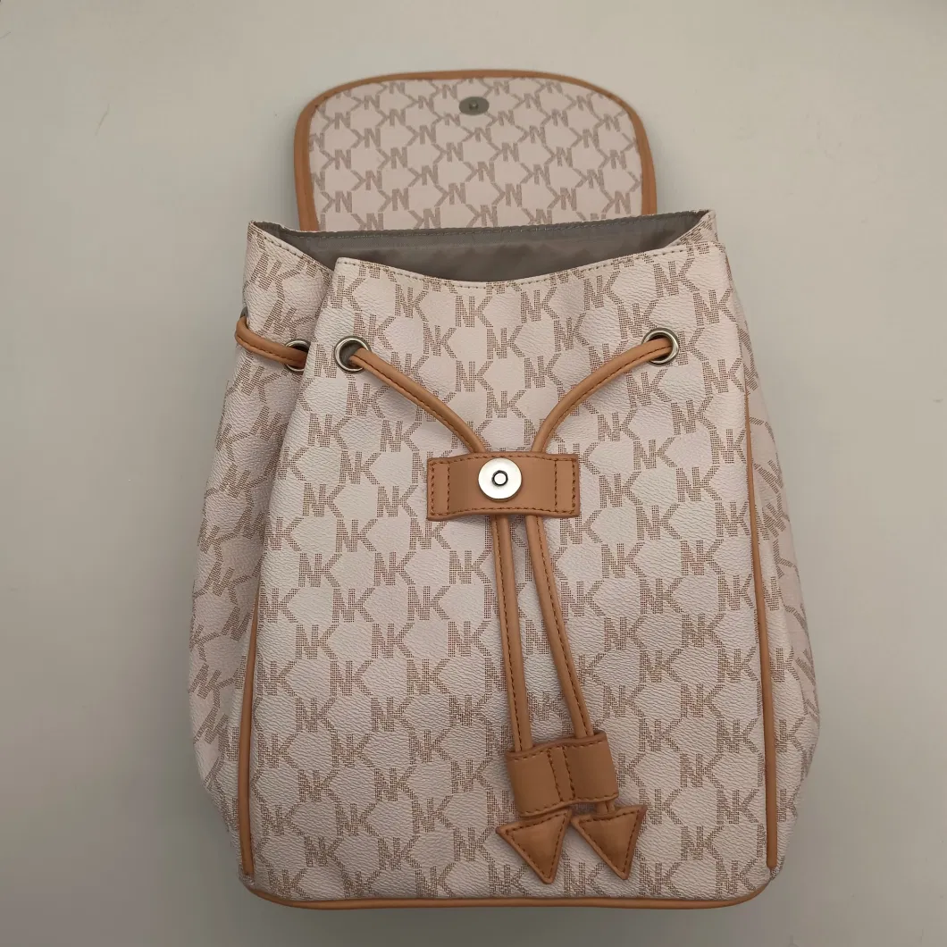 Women&prime;s Beige Diamond PU Sewn Flip Full Print of Letters Backpack Without Zipper