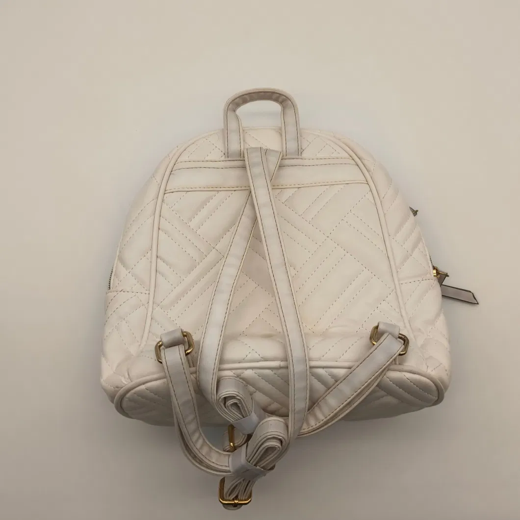 The Beige Semi Circular Diamond Sewn PU Backpack Has Multiple Layers of Pockets.