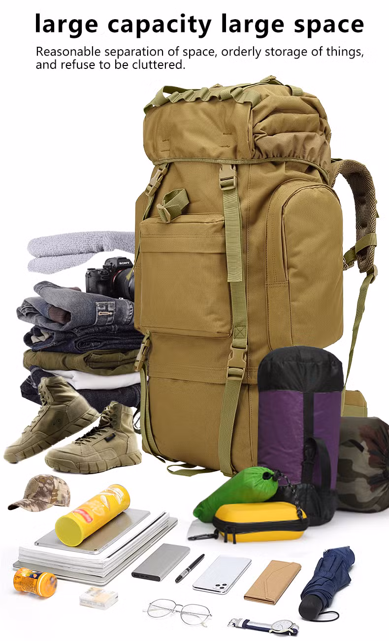 Hot Sell 65L Mountain Backpack Outdoor Adventure Travelling Waterproof Tactical Hiking Backpack