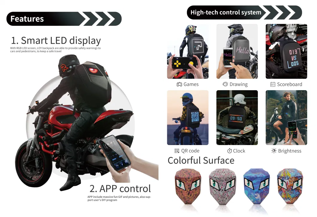 2024 Smart LED DIY Motorcycle Backpack Fashion Waterproof Knight Backpack with Hard Shell