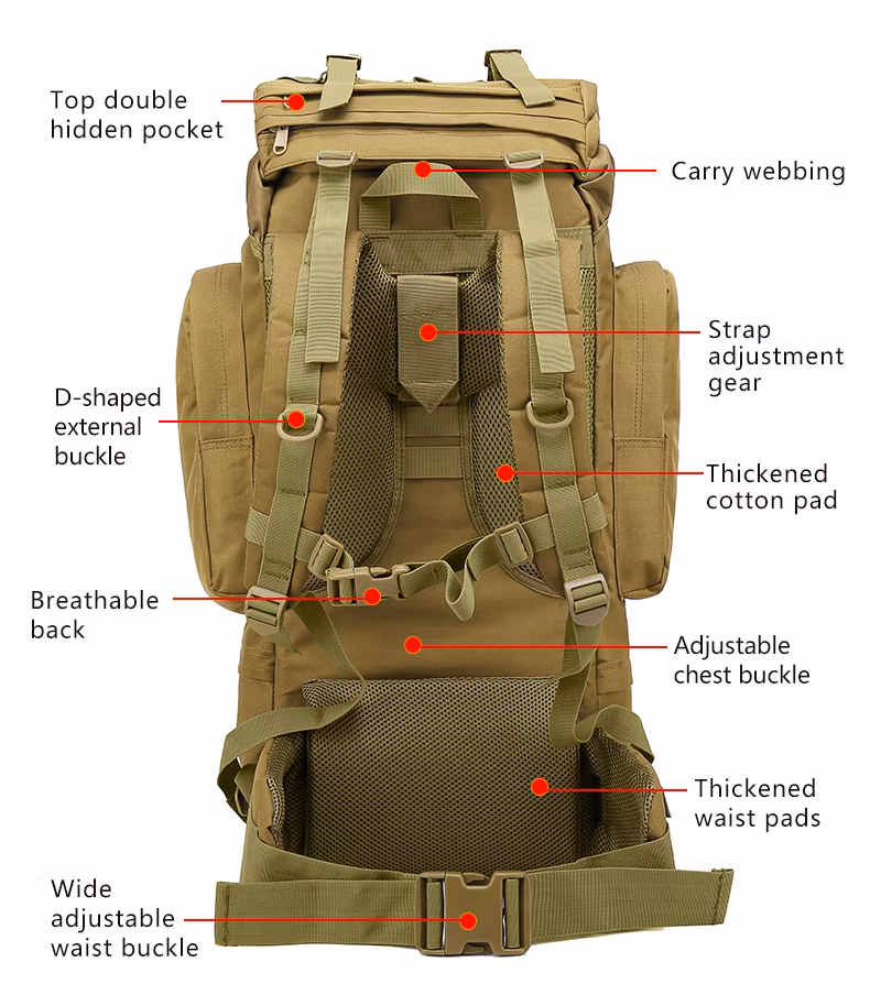 Hot Sell 65L Mountain Backpack Outdoor Adventure Travelling Waterproof Tactical Hiking Backpack