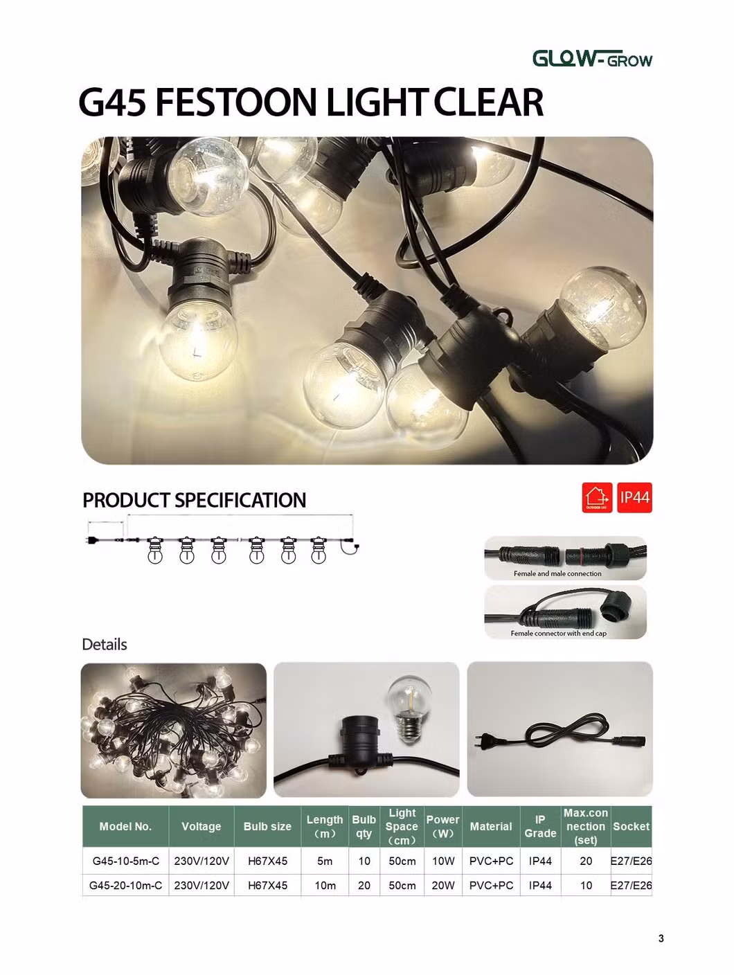 Factory Outdoor Waterproof RGB Christmas Replaceable G45 Bulbs LED Festoon String Light with Black Cable for Ramadan Wedding Home Easter Decoration