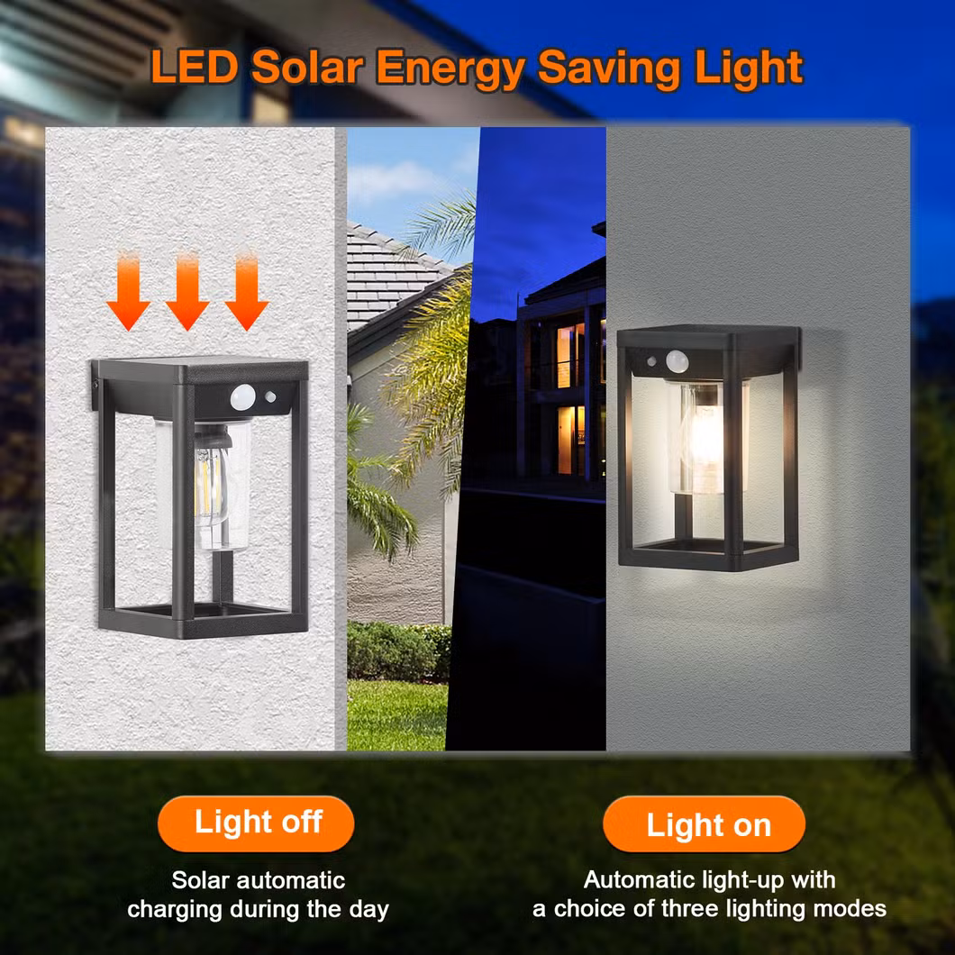 Die-Cast Aluminum Bulb Inside Square Box LED Outdoor Solar Wall Light with Motion Waterproof