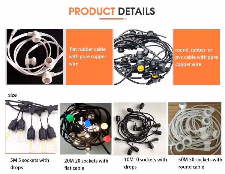 High Quality Garden Camping Decorates E26 Flat Rubber Cable G45 LED Bulbs E27 Durable Garland Belt Outdoor String Lights