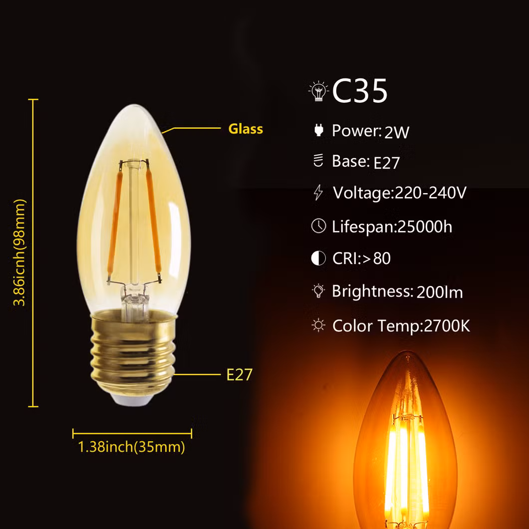 Vintage C35 2W E27 E14 B22 Amber Glass LED Filament Bulb Decorative Lamp