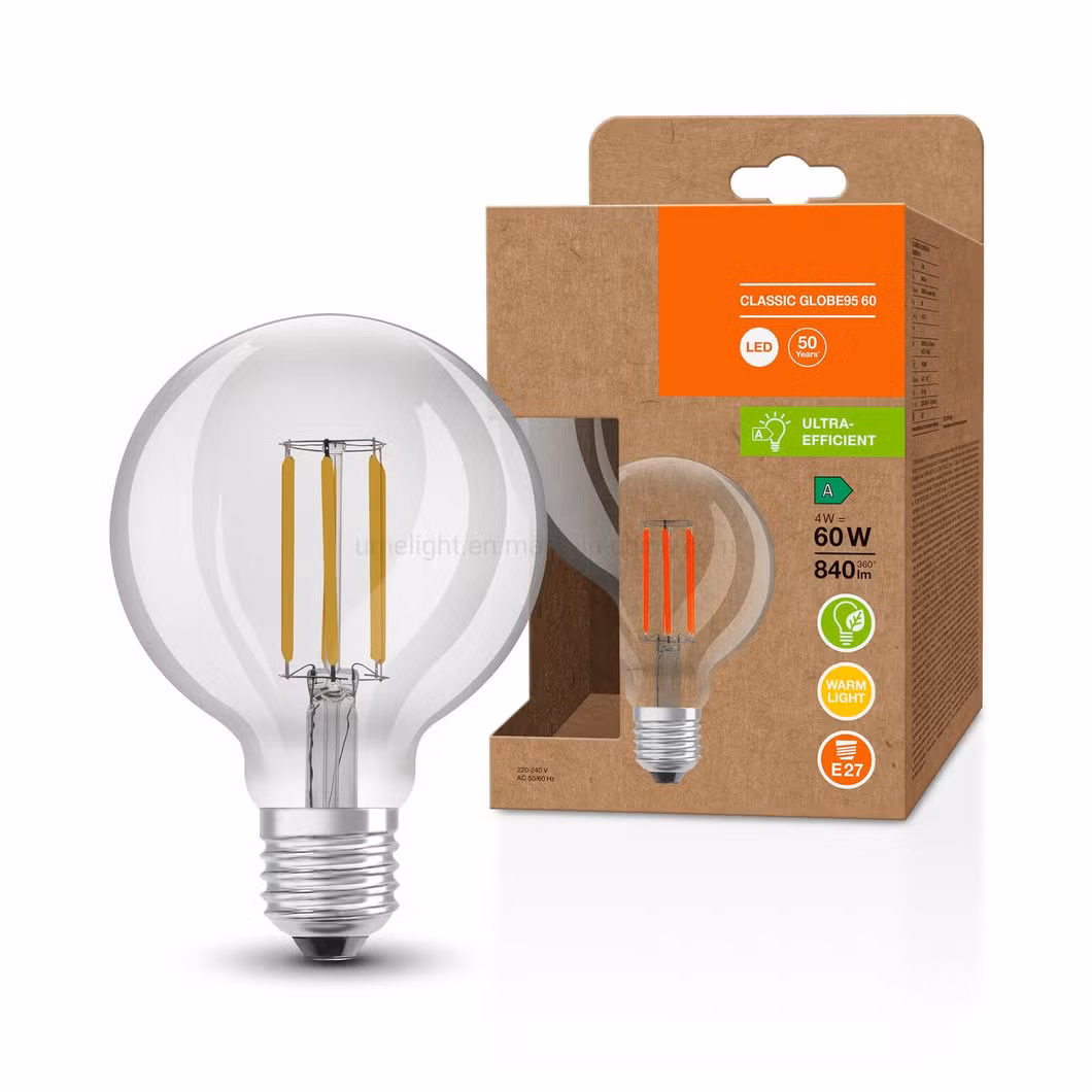 LED Filament Bulb G125 4W Amber Clear Glass Edision LED Global Bulb New Energy Saving LED Vintage Lamp for Indoor Lighting and Home Decoration