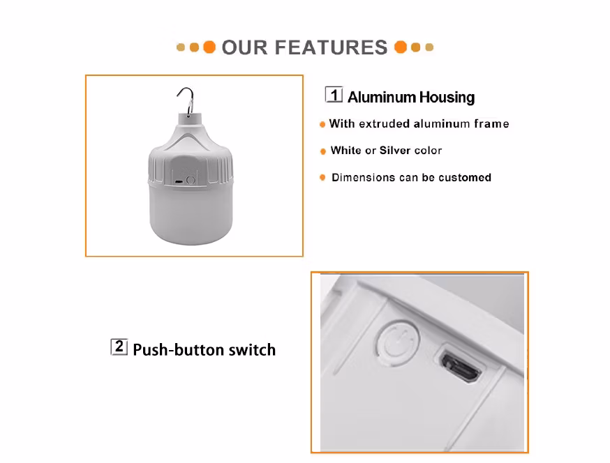 Outdoor Household Hanging Emergency Rechargeable LED Lamp Light Bulb with Button Control 200W 115mm Rechargeable LED Bulb
