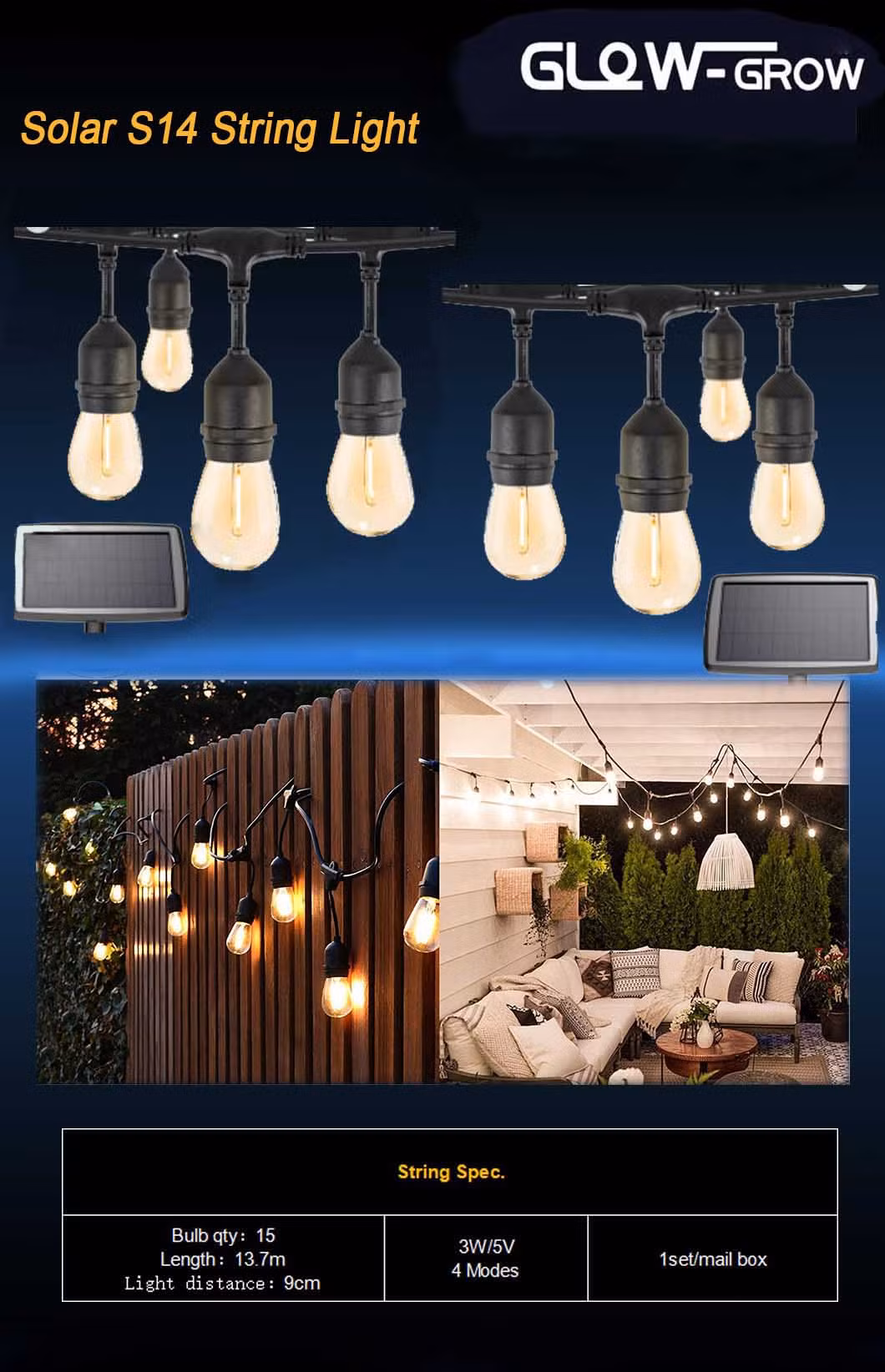 IP65 Solar Powered LED Festoon Light Bulb String Light for Home Party Wedding Decoration