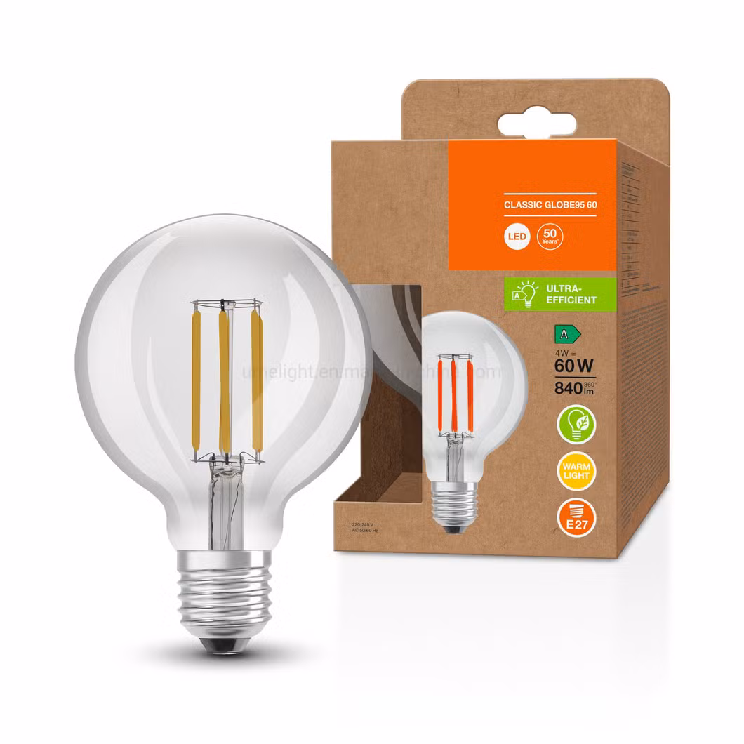 LED Filament Bulb G125 4W Amber Clear Glass Edision LED Global Bulb New Energy Saving LED Vintage Lamp for Indoor Lighting and Home Decoration