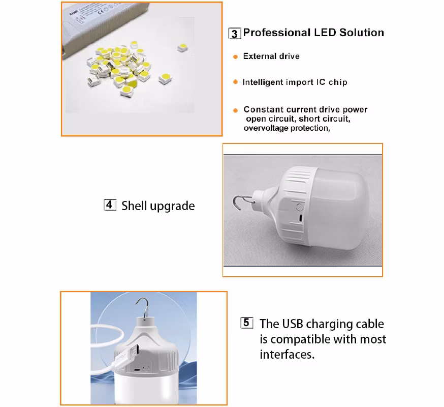 Outdoor Household Hanging Emergency Rechargeable LED Lamp Light Bulb with Button Control 30W 60mm Rechargeable LED Bulb