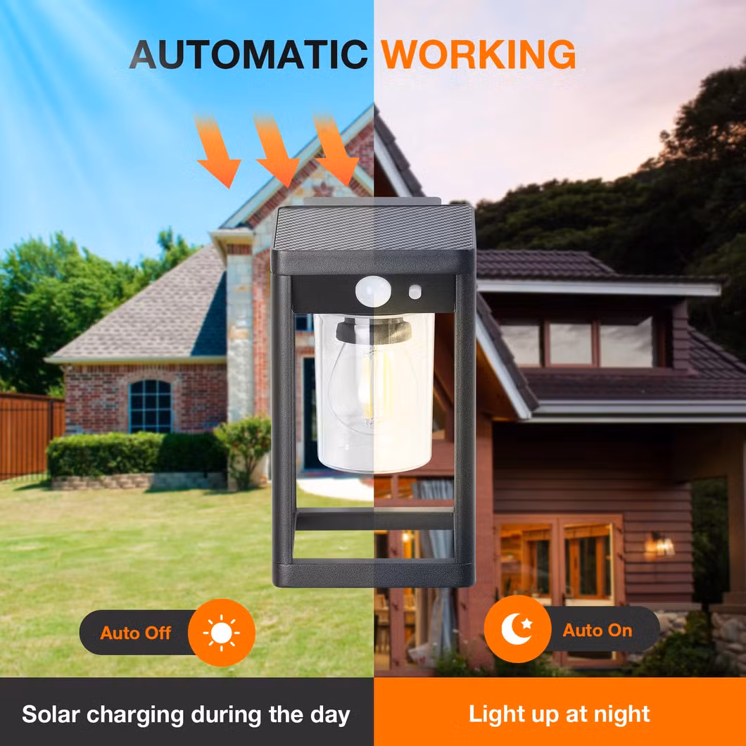 Die-Cast Aluminum Bulb Inside Square Box LED Outdoor Solar Wall Light with Motion Waterproof
