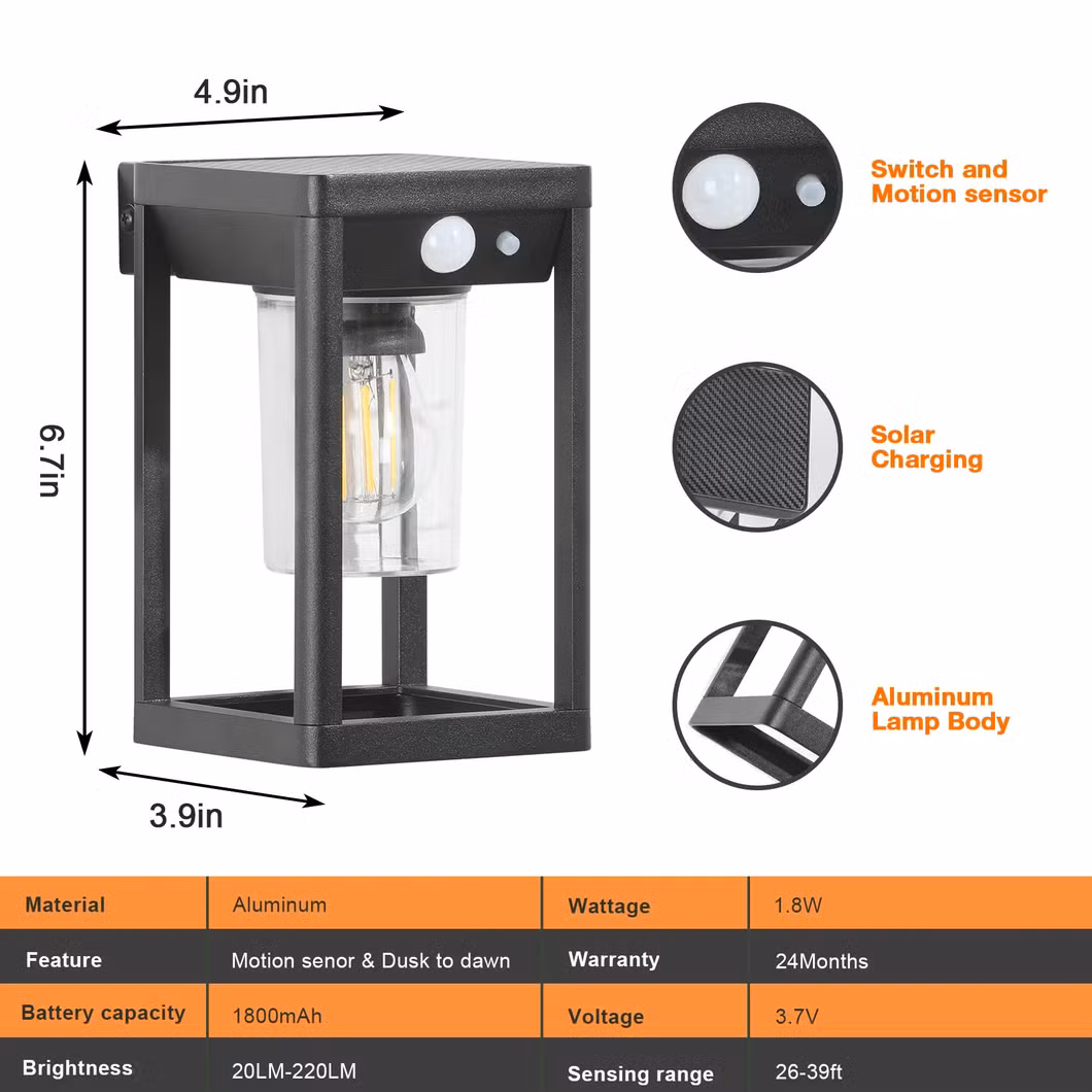 Die-Cast Aluminum Bulb Inside Square Box LED Outdoor Solar Wall Light with Motion Waterproof