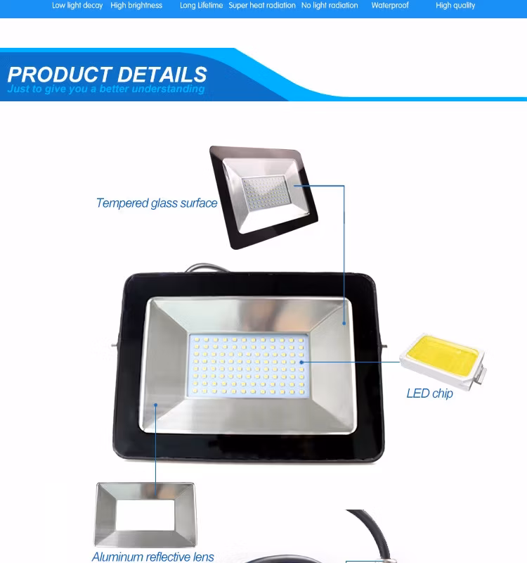 Distributor Factory Exports Saso CB Water Proof 10W - 100W IP66 Industrial LED Flood Light Made in China for Outdoor, Street, Garden, Park, Exterior Lighting