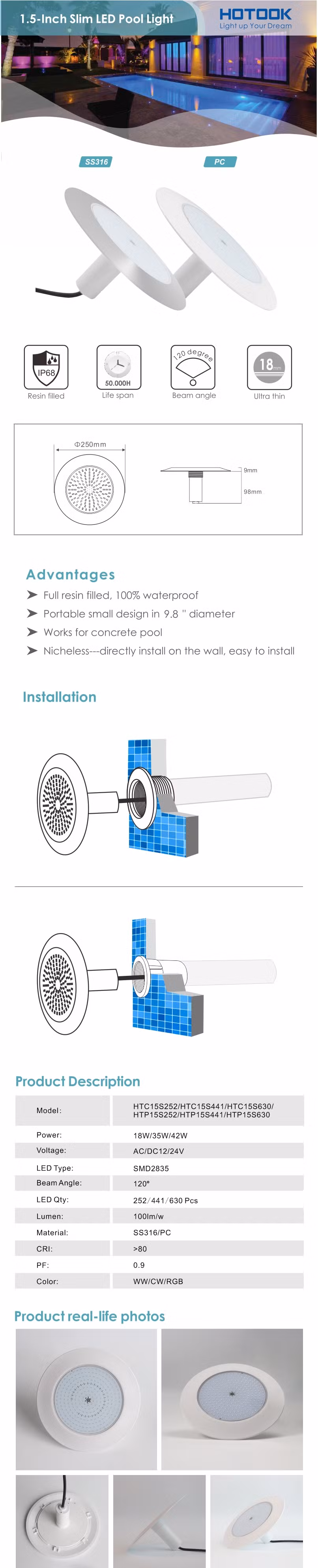 12V LED IP68 Waterproof Remote Control Surface Underwater Swimming Pool Lights Resin Filled Color Changing Features PC Lamp Body