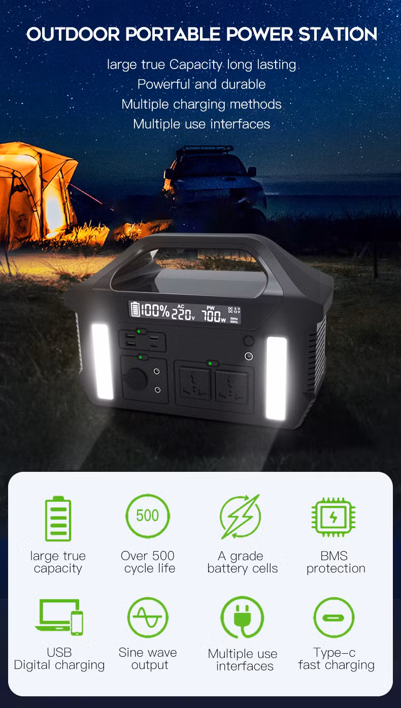 AC 220V 700W Battery Outdoor Power Supply Solar Portable Power Station for Outdoor Camping