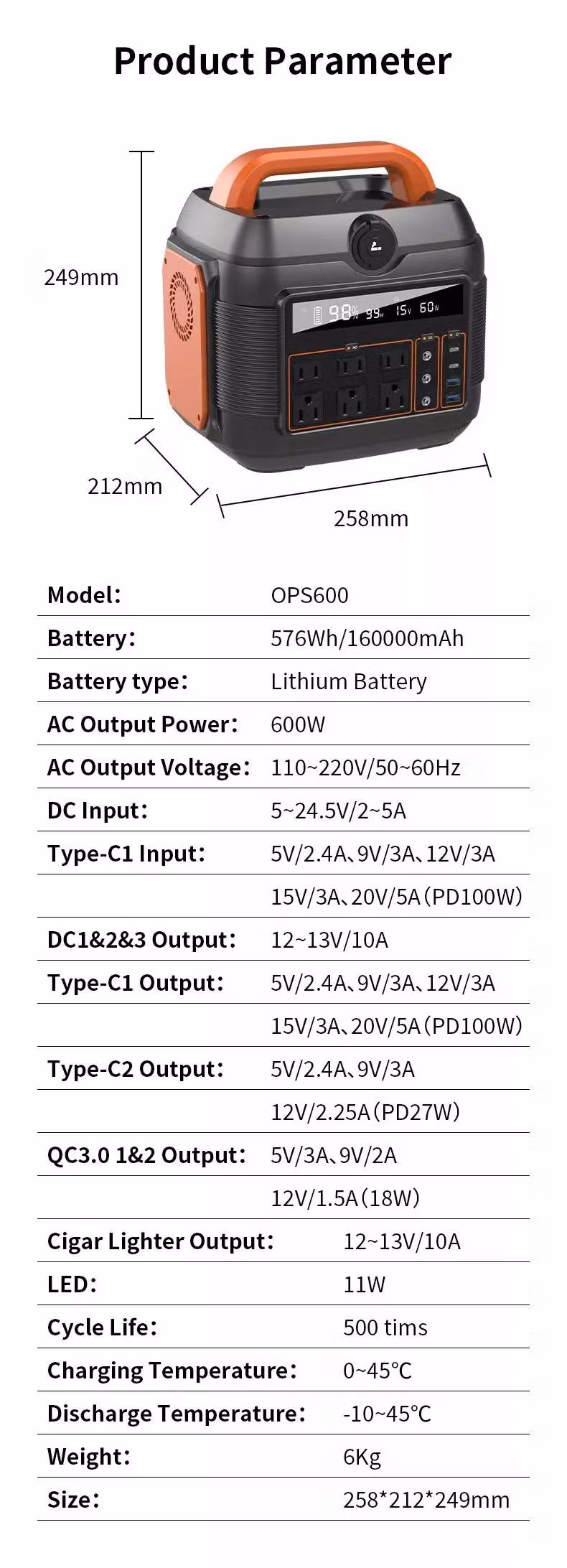 500wh 700W Portable Rechargeable Power Station with AC Outlet Outdoor Mobile Power Supply UPS 110V 220V Solar Generator