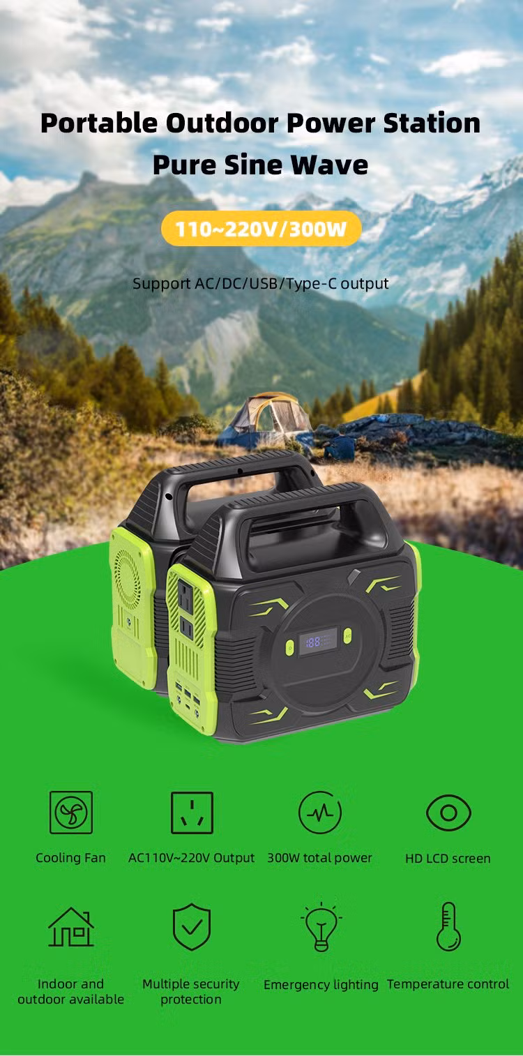Outdoor Portable Backup Generator 300W Solar Charging Power Station Lithium Battery Pack