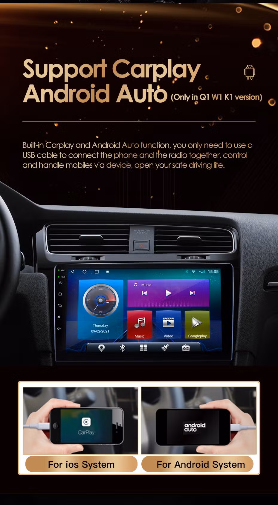 Wholesale 9-Inch Touch Screen Q1 Android Multimedia Player with Carplay GPS Navigation Mirror Link Function 2DIN DVD Car Radio