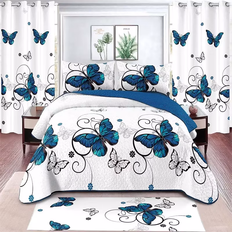 Quilt 4PCS Set Home Bedroom Bedspread Sheets Curtains Pillow Cases Carpet Bedding Set