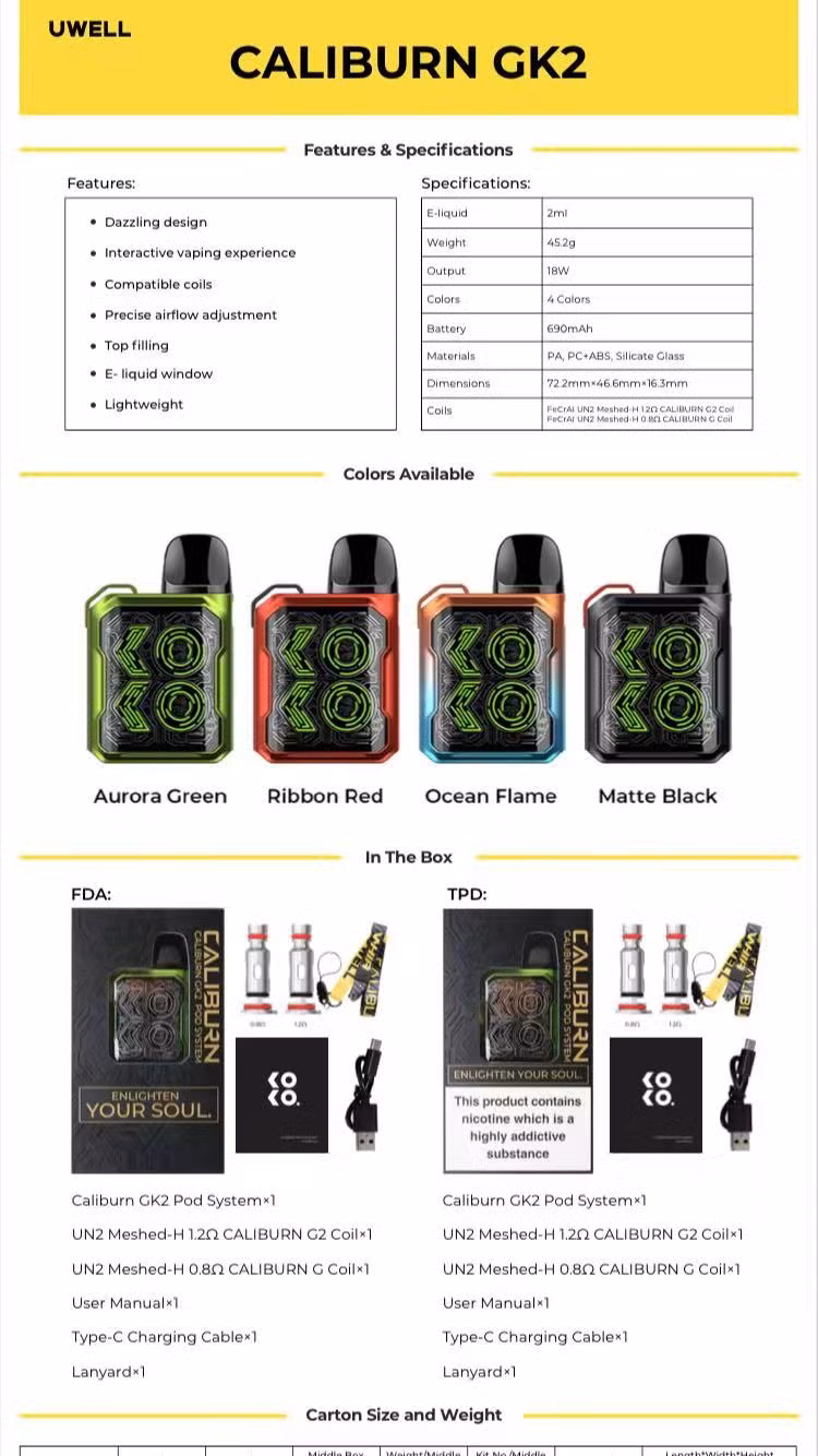 Electronic Cigarette Uwell Caliburn Gk2 Pod Kit 690mAh Smooth Taste Vape Pen