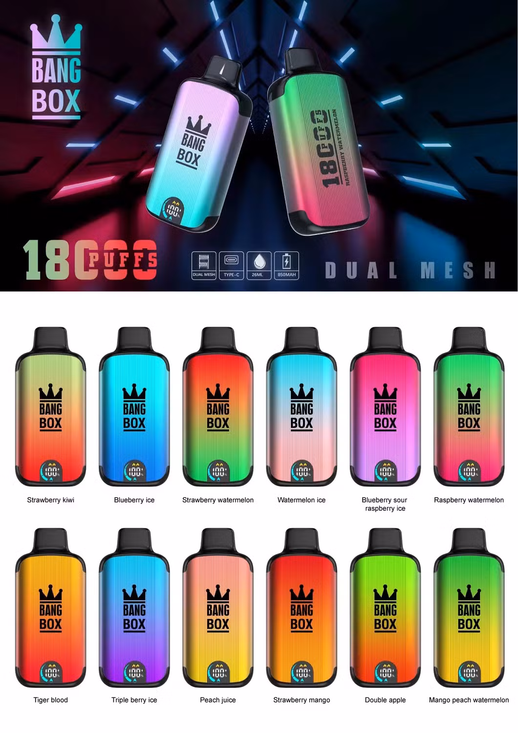Fashionable Dual Molds Design Small Size Big Vapor Smooth Taste Bang Box 9K-18K Disposable E Cig