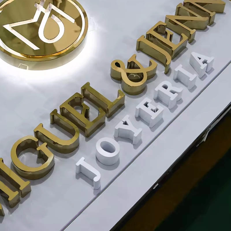 Custom Advertising LED Business Mirror Gold Metal Backlit Sign 3D Illuminated Logo Letter