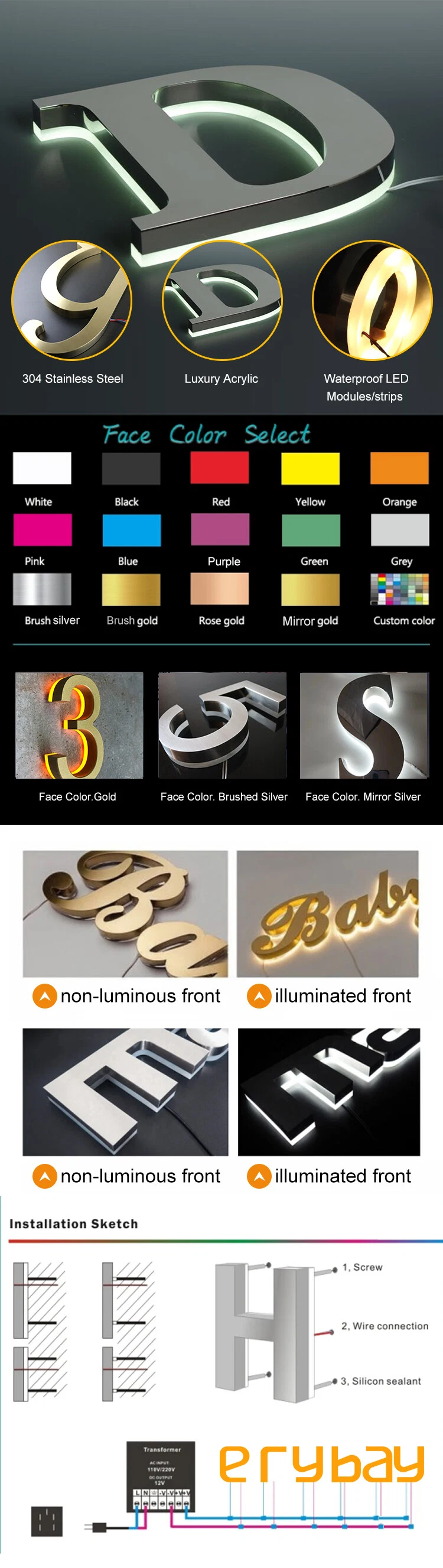 Backlit 3D Acrylic Signage Gold Storefront Aluminum Business Steel Letter Signs