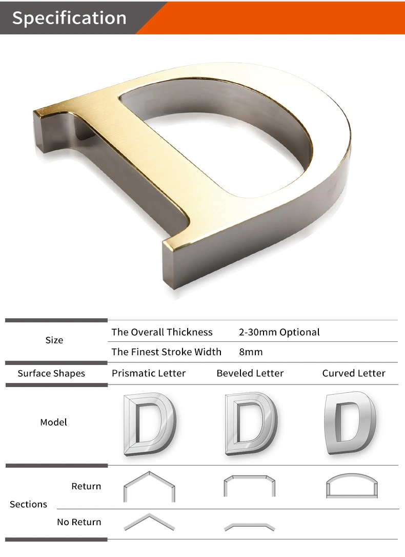 Mirror Finish Gold Titanium Metal Channel Letters Logos for Shop