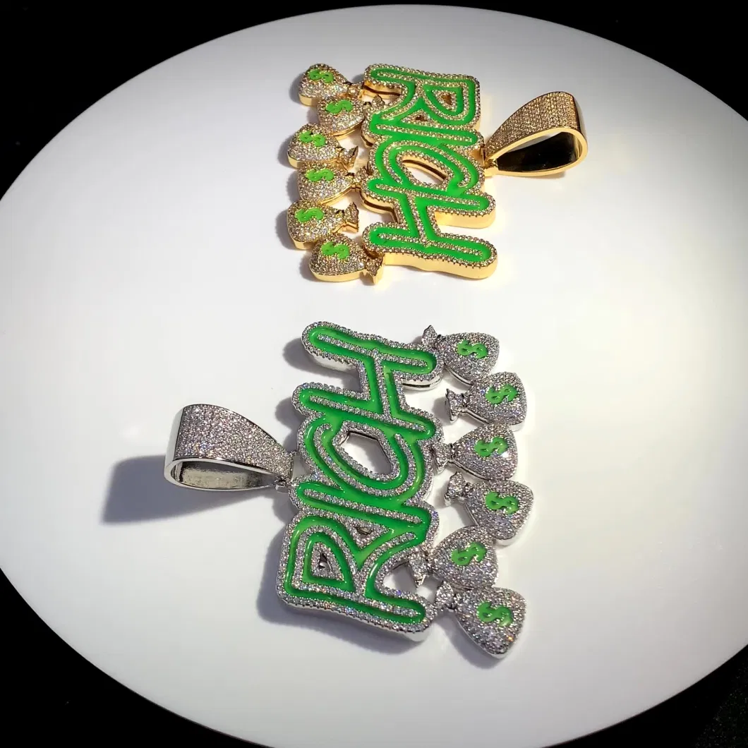 Iced out Bling Letters Rich Money Bag Pendant Enamel Green Luminous Glowing Gold Plated Necklace Hiphop Men Jewelry