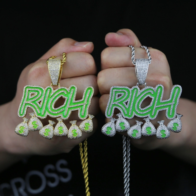 Iced out Bling Letters Rich Money Bag Pendant Enamel Green Luminous Glowing Gold Plated Necklace Hiphop Men Jewelry