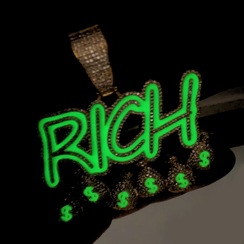 Iced out Bling Letters Rich Money Bag Pendant Enamel Green Luminous Glowing Gold Plated Necklace Hiphop Men Jewelry