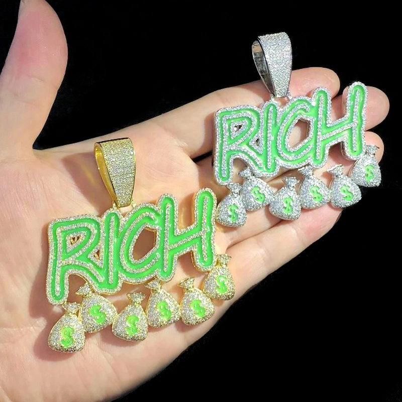 Iced out Bling Letters Rich Money Bag Pendant Enamel Green Luminous Glowing Gold Plated Necklace Hiphop Men Jewelry