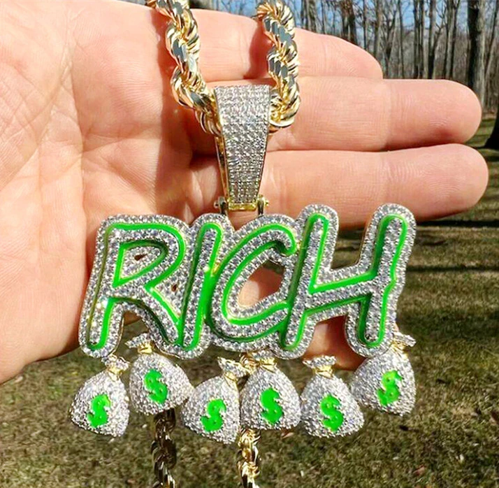 Iced out Bling Letters Rich Money Bag Pendant Enamel Green Luminous Glowing Gold Plated Necklace Hiphop Men Jewelry