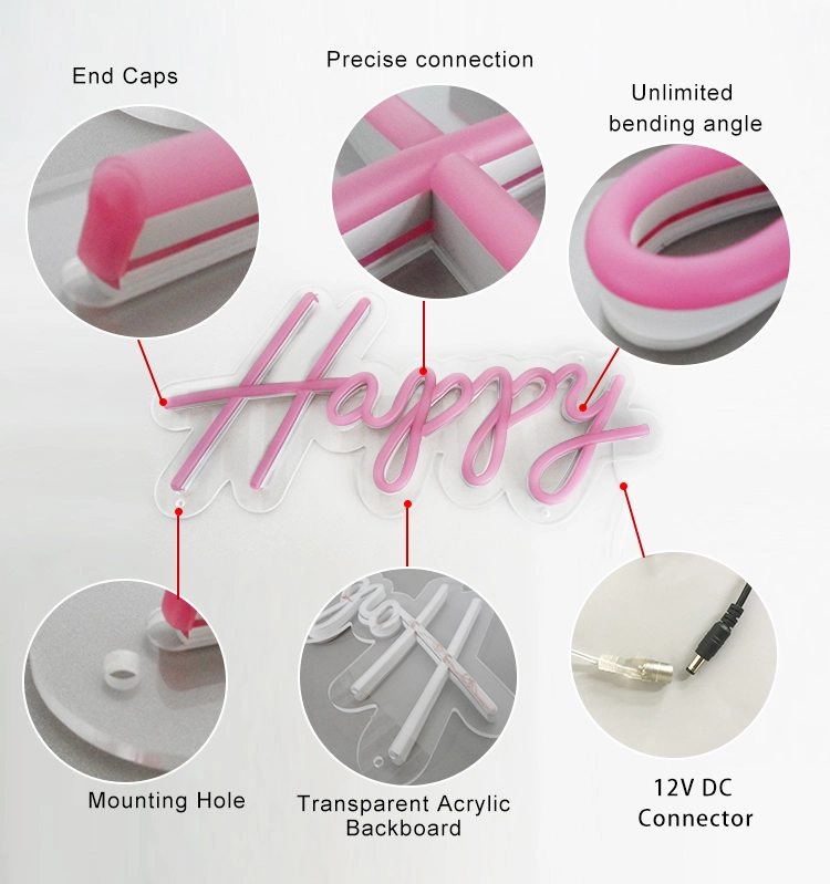 Pink Factory Love Heart 3D Art Neon Sign Transparent Acrylic 5V Dimmer LED Neon Light Sign for Home Wedding Party Decoration