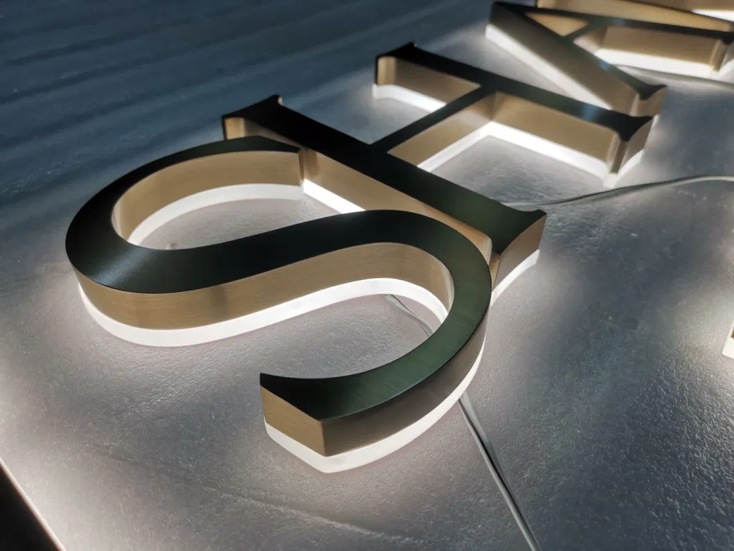 Gold Finish 3D LED Backlit Channel Letter Brushed Stainless Steel Letters