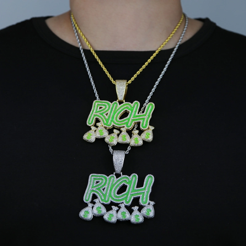 Iced out Bling Letters Rich Money Bag Pendant Enamel Green Luminous Glowing Gold Plated Necklace Hiphop Men Jewelry