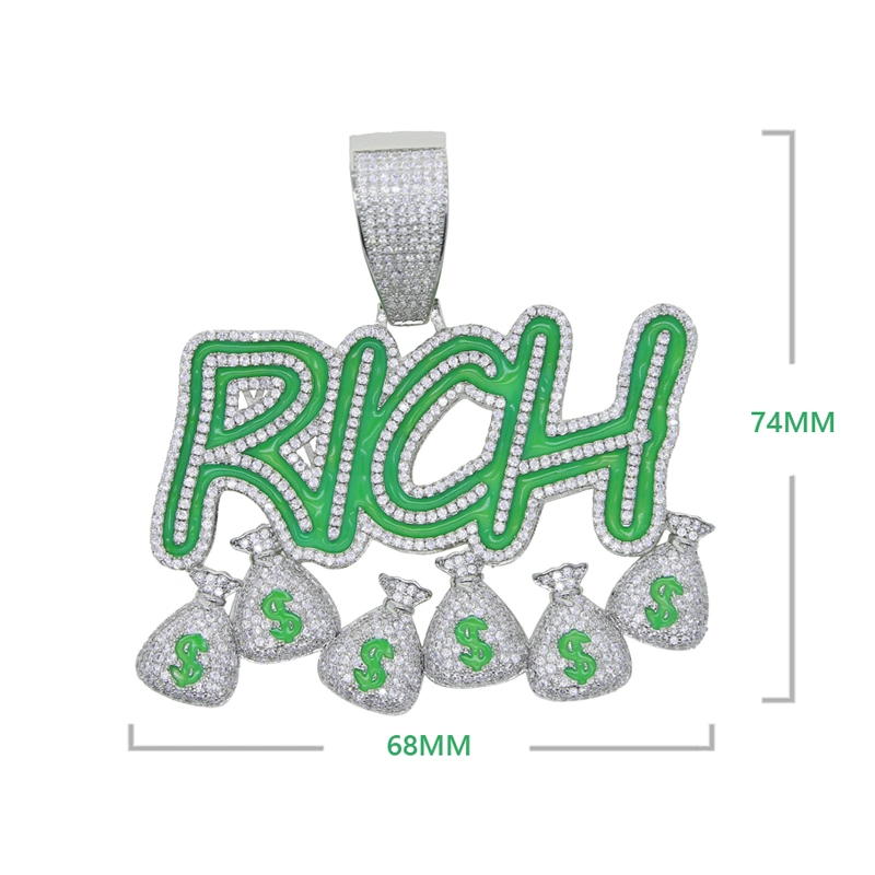 Iced out Bling Letters Rich Money Bag Pendant Enamel Green Luminous Glowing Gold Plated Necklace Hiphop Men Jewelry