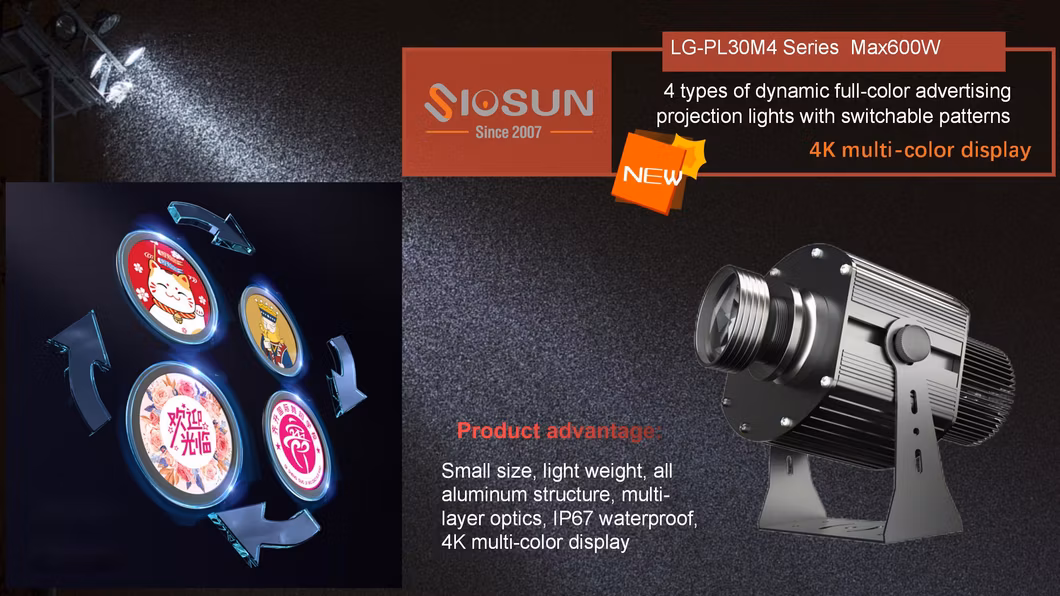 Siosun Remote Control Dynamic Projector Lamp 4 Logos Switching LED Stage Light Gobo Projector 100W 200W 300W Outdoor