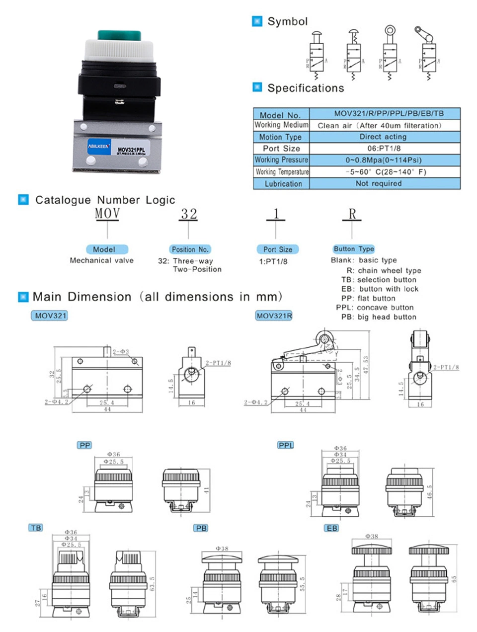 High Quality MOV Series MOV321ppl 1/8 Thread Size Protruding Button Mechanical Pneumatic Valve Handheld Mechanism