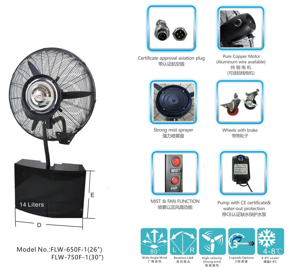 30 Inch Electric Cooling Fan Large Air Volume Low Noise 14L Misting Wall Fan Industrial Misting Fans