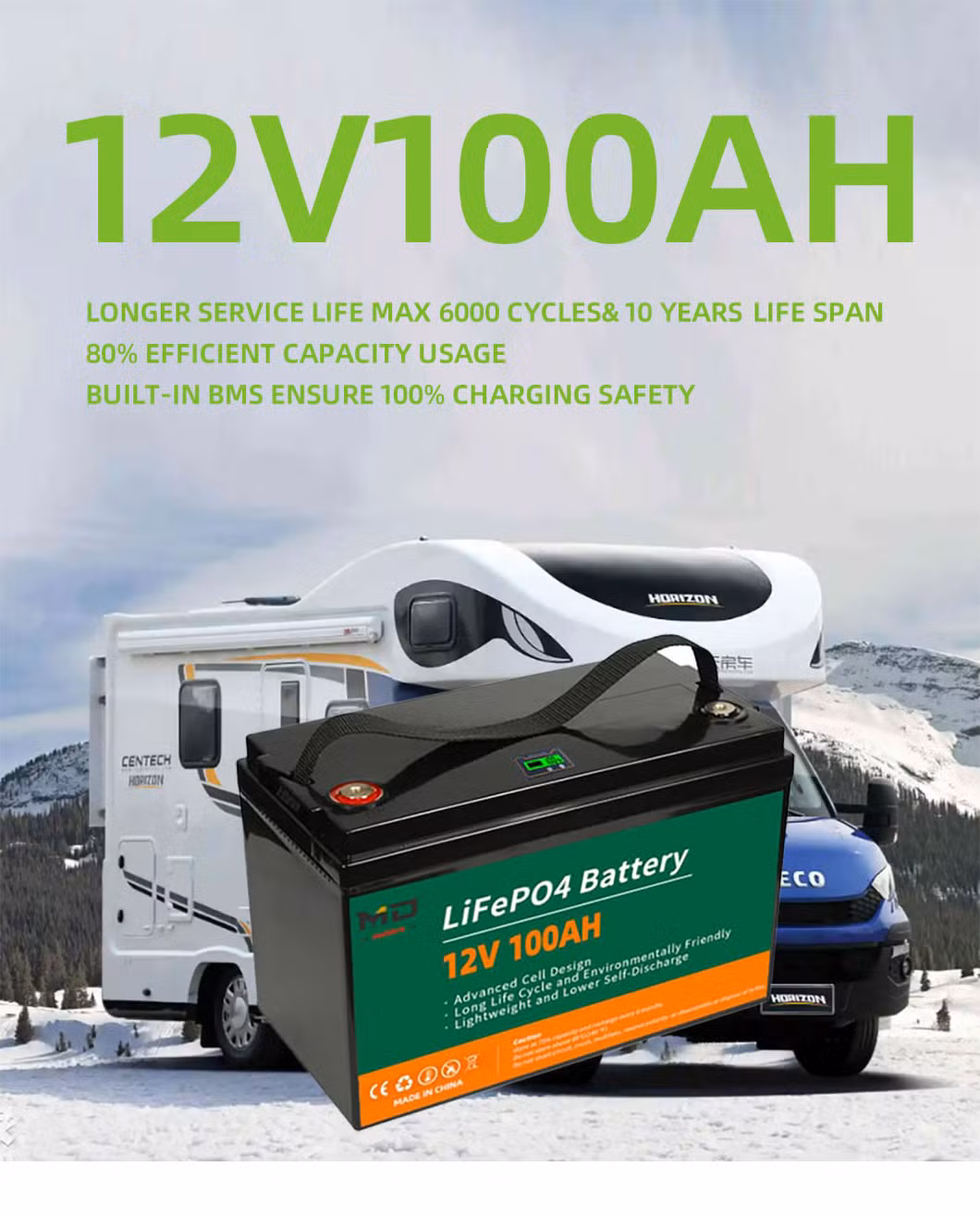 Deep Cycle LFP Battery 32700 12V 100ah LiFePO4 Battery with Connector for Flood Light