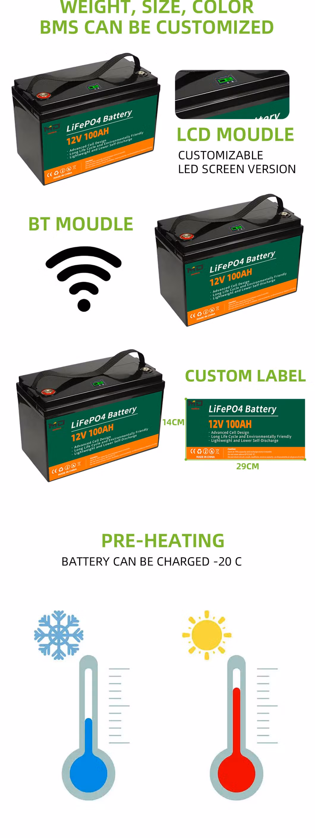 Deep Cycle LFP Battery 32700 12V 100ah LiFePO4 Battery with Connector for Flood Light