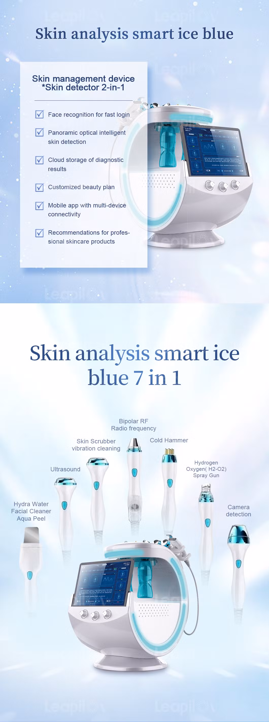 Newest Smart Ice Blue 7 in 1 Water Hydra Oxygen Diamond Dermabrasion Facial Machine with Skin Analysis