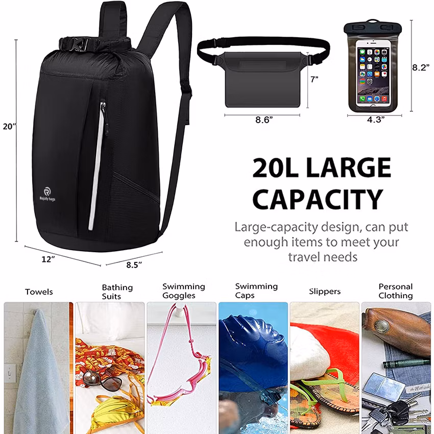 20L Roll Top Dry Sack with Phone Case Waist Pouch Set for Kayaking, Hiking, Swimming, Beach, Camping, Fishing, Boating &amp; Rafting for Men &amp; Women Bag