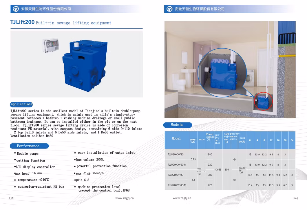 Factory Price Tjlift Integrated Sewage Lifting Equipment 200 L 2 Pump PE Box for Home