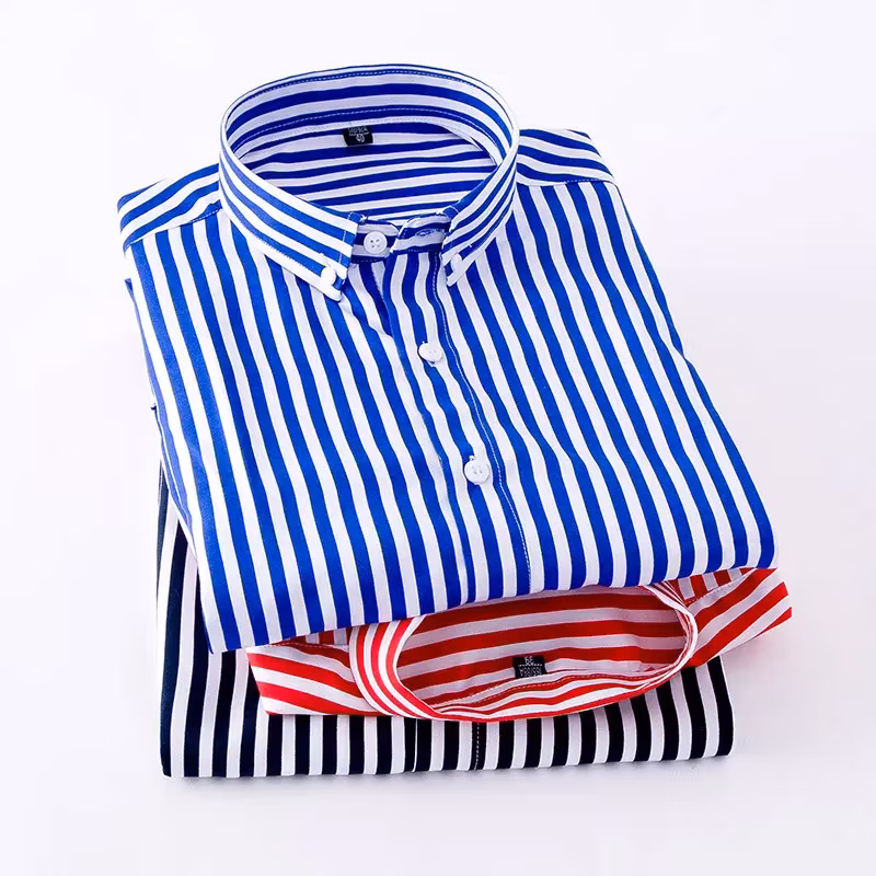 Mens Cotton Formal Dress Plaid Striped Shirt Long Sleeved Business Men&prime;s Slim Fit Shirt